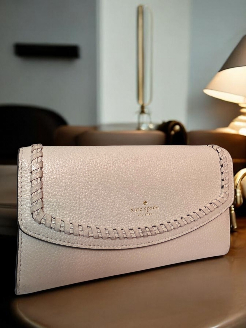 Kate Spade New York Whipstitch Leather Wallet Blush Neutral Clutch Organizer